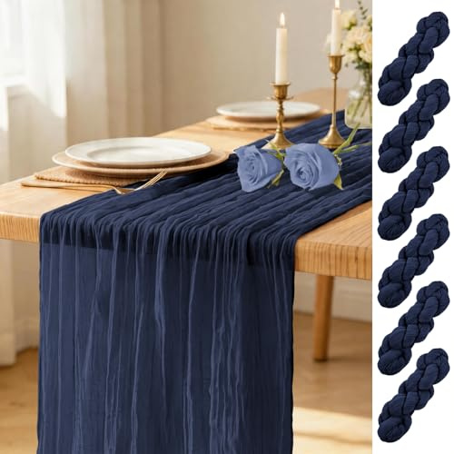 6 Pièces Chemins de Table Bleu Marine, Chemin de Table en Étamine, 45x275cm | Chemin de table en gaze, long tissu transparent rustique, chemin de table en tissu fromage, pour fête de mariage