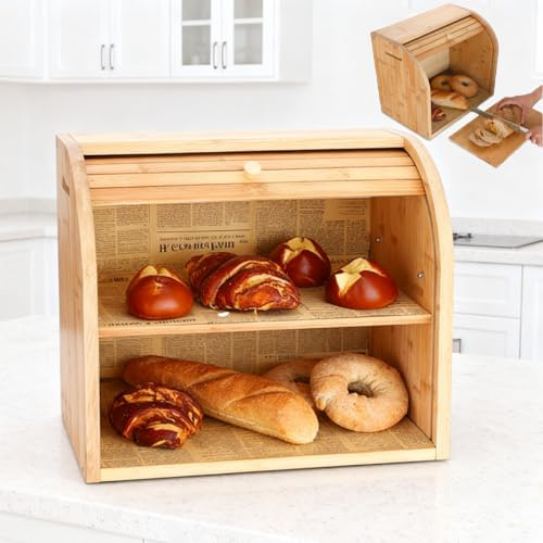 QJHSSM Boîte à pain en bambou à 2 niveaux, huche a pain à couvercle roulant avec niveau amovible pour le rangement sur le plan de travail de la cuisine, 37,5 × 25 × 38 cm