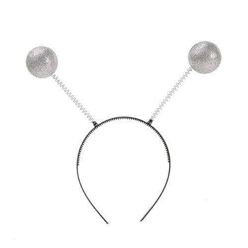 Alien Haarreif in silver, Karneval Kopfschmuck mit 2 runden schwingenden Glitzer Disco Kugeln, Kopfschmuck Accessoire Karneval & Fasching | Haarschmuck Deko für Damen, Herren & Kinder