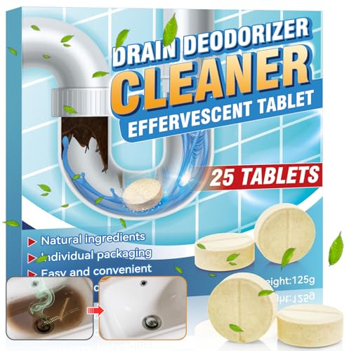 Ambientador de limpieza de alcantarillado Tabletas Limpiadoras de Desagües, Paquete de 25 Tabletas Efervescentes para Eliminar Olores Rápidamente, Adecuadas para Fosas Sépticas