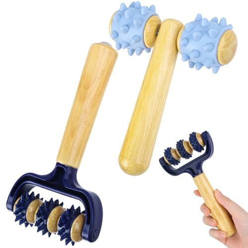 Massageroller mit Griff, 2 Stück Massage Roller Holz mit Igelball Massageball,Massagegerät mit Griff Faszienrolle, Igelball Fußmassage für Beine RüCken Arme Schultern Muskelschmerzen