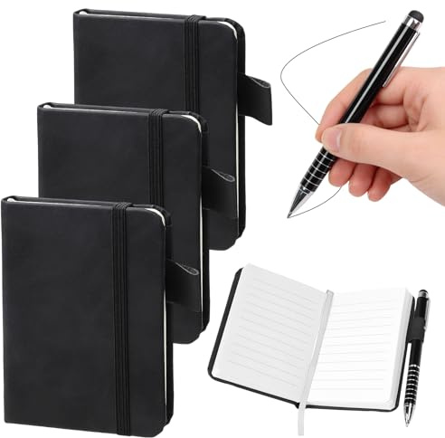 4 Stück Kleines Notizbuch A7 mit Stift, Notizbücher Reise Leder Wasserfest | Mini Notebook A7 Liniert 192 Seiten, Business Notizheft Klein Schwarz Taschenbuch für Männer Frauen Zurück Büro Memos Listen