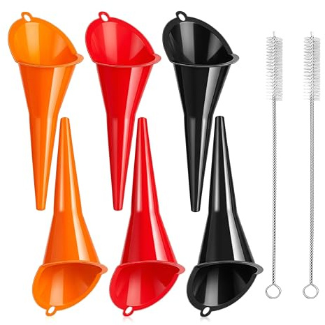 6 Pcs Long Neck Plastic Funnel for Car Oil Funnel Set, 11 Inch Fuel Funnels with 2 Cleaning Brush Universal Petrol Funnels for Filling Automotive Oils Lubricants Engine Oil Water Diesel Kerosene