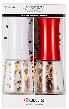 Kyocera 2-teiliges Pfeffermühlen-Set für Salz, Samen und Gewürze, mit verstellbarem, fortschrittlichem Keramikmahlwerk, brillantweiß/bonbonfarben, Apfelrot, 8,9 cm H x 12,1 cm B x 20,9 cm L