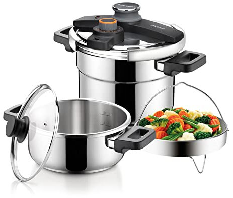 Tescoma ULTIMA DUO Schnellkochtopf 2 Stück | 4,0 & 6,0 l | Dual-Kochkapazität & Platzsparend | Einhandbedienung & IDEALCOOK Druck | Für Alle Herdarten | Inkl. Universellem Glasdeckel