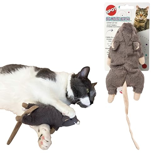 SPOT Big Mouse Bertha Cat Toy with Catnip – Lifelike Plush Mouse, Crinkle Sound, Large 7in Size, for Cuddling, Chasing, Playing – Assorted Colors
