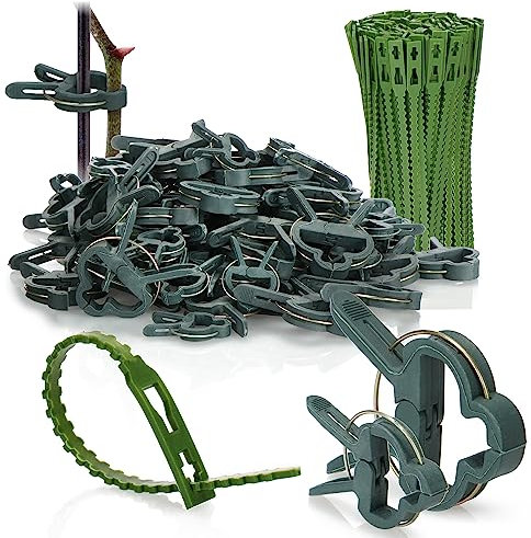 com-four Lot de 150 pinces à plantes - Attache pour plantes - Pinces à rosiers - Cages pour tomates - Pinces vertes - Clip pour bâches - Tuteurs (150 pièces - Mix)
