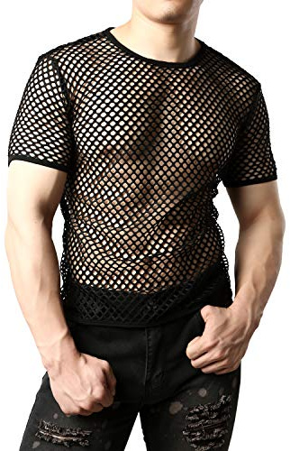 JOGAL Men's Mesh Fishnet Fitted Short Sleeve Muscle Top X-Large WG02 Black