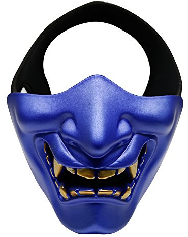 Airsoft Halbgesichtsmasken, Böser Dämon, Monster, Kabuki, Samurai, Hannya, Oni, Halbgesichtsschutzmasken für Maskenball, Party, Halloween, Cs War Game, BB Gun (blau)