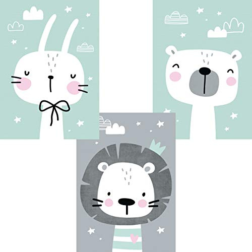 LALELU-Prints | 3er Set Bilder Kinderzimmer Poster | Zuckersüße Tiere für Ihr Mädchenzimmer | ein Traum in mint und grau (DIN A4 ohne Rahmen)