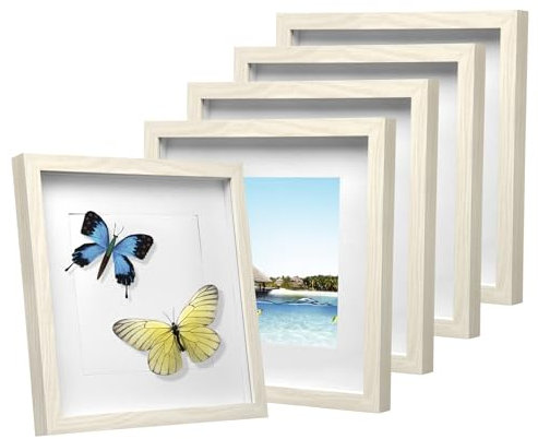 EUGAD 5er Set Bilderrahmen Fotogalerie, tiefer Rahmen für Objekte bis 1,5 cm, Holzrahmen mit Papier-Passepartout, mit Glasscheibe, 3D Objektrahmen, Eiche, 20x20cm