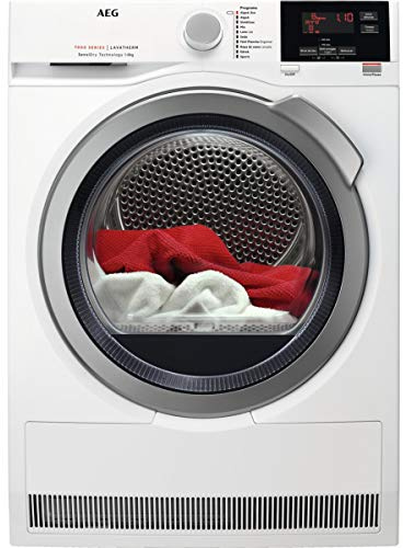 AEG T7DEG844 Sèche-linge avec pompe à chaleur à installation gratuite, 8 kg, série 7000, moteur inverseur, 8 cycles de séchage, programme rapide, panneau de commande LCD, porte XL argenté, blanc, A++