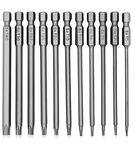 ToKinCen 11 Pieces Torx Screwdriver Bits, S2 Steel 100mm 1/4 Inch Hex Screwdriver Bits Set T6-T40 Long Magnetic Star Torx Security Screwdriver Bits Set for Electric Manual Screwdrivers