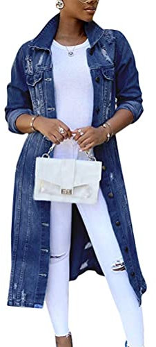 Onsoyours Donna Giacca di Jeans Denim Cappotto Manica Lunga Strappato Hole Jacket Capispalla Outerwear Casual Lunga con Bottoni A Blu Scuro L