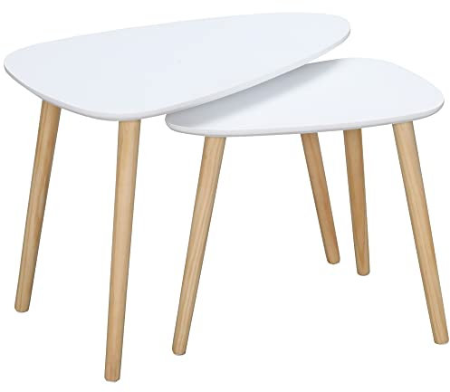 HOMCOM 2er Set Beistelltische, platzsparende Satztische, Couchtische mit Holzbeinen, Sofatische im Skandi-Design für Wohnzimmer Belastbar bis 10 kg Weiß+Natur