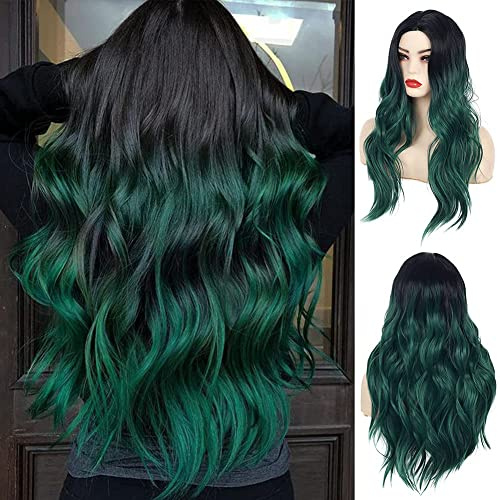 Beweig Lange lockige Haare Wellen Ombre Schwarz Grün Perücke Synthetisch Natürliche Mittelteil Cosplay Kostüm Haare Frauen Perücke