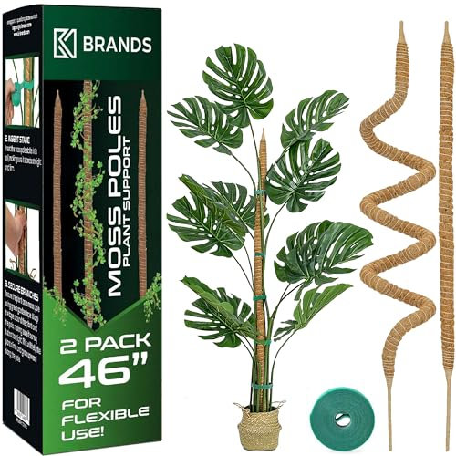 K-Brands Moss Pole (2 Pack, 122 cm/48 In/ 4 ft) - Bendable Monstera Plant Support - Cheese Plant Support Pole Sticks - Moss Poles for Climbing Plants - Plant Stakes Indoor with Ties
