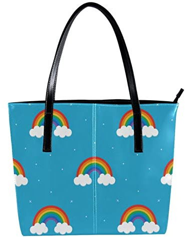Schultertasche, leicht, lässig, Schultasche, Lehrertasche, Handtasche, Geldbörse, lustig, bunt, Regenbogenwolken, blauer Hintergrund, Mehrfarbig