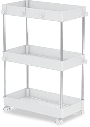 Carrito Organizador con Ruedas Giratorias de 3 Alturas Ancho - Carro Cocina, Baños, Garaje u Oficina - Carrito para Almacenamiento Móvil - Blanco - 40 x 22 x 60 cm - Aktual