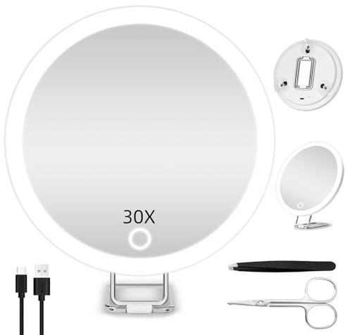 JADAZROR Miroir grossissant 30X avec éclairage, 3 Couleurs d'éclairage, Miroir de Maquillage Lumineux Rechargeable de 15 cm, Miroir de Voyage Portable grossissant 30X pour Les travaux de précision