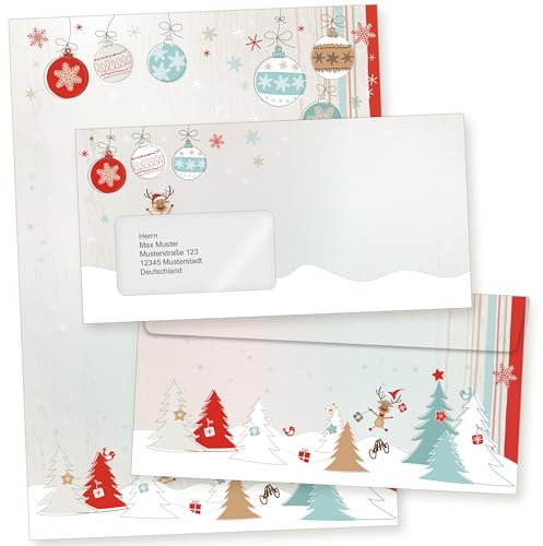 Joulujuhla 25 Sets Weihnachtsbriefpapier mit Fensterumschlag, Briefpapier Weihnachten A4 mit Umschlag mit Fenster