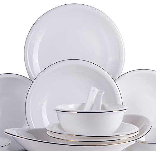 28-teiliges Bone China Geschirr Set, Porzellan Geschirr Kombi Set mit weißen runden Müslischalen Speiseteller Teller mit Goldrand Service für 8
