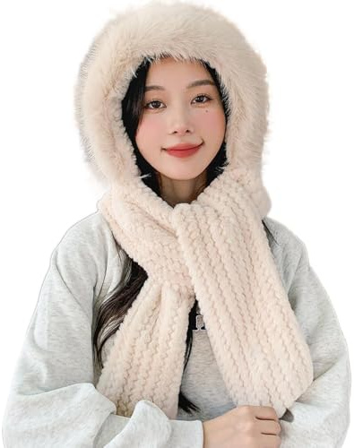 Damen Wintermütze Kapuze Kapuzenschal,Damen 2 in 1 Winterschal Mütze Verdickter Warmer Kapuzenschal für Frauen Winter Verdickt und Warm,Beige