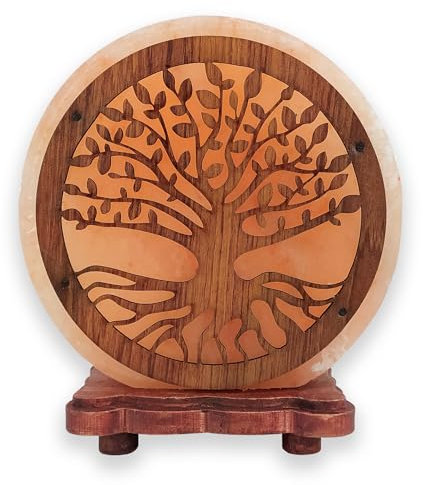 Lampe en sel de l'Himalaya - Arbre de vie - 20 x 22 x 10 cm - Avec base en bois, câble et ampoule inclus - Fabriquée artisanalement