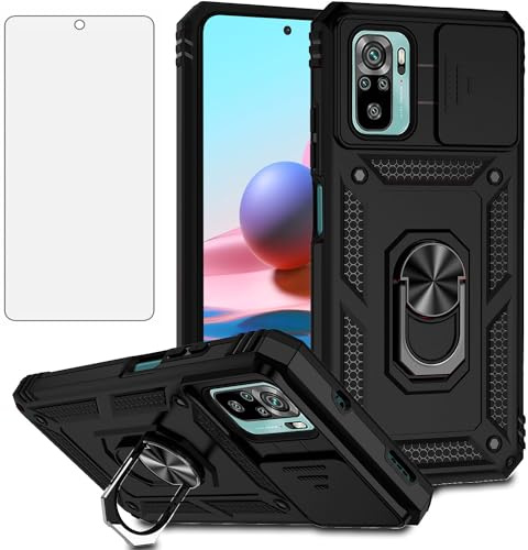 Asuwish Funda para Xiaomi Redmi Note 10S/10 S 4G con película de vidrio protector de pantalla de vidrio templado protección de cámara deslizante y soporte de anillo magnético M2101K7AG M2101K7BNY Fund