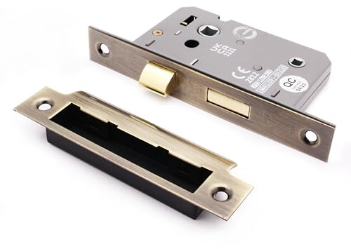 EAI Antique Brass Bathroom Lock, 74mm Case x 57mm Backset | Suitable for Left and Right Closing Doors, Adjustable Keep Reduces Rattle, Dust Box and Fixings Included