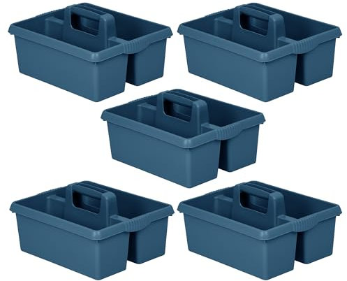 5 X Heavy Duty Large Plastic Handy Kitchen Tool Cleaning Tool Box with Handle Utility Storage Tidy Organiser Tote Tray Two Compartment Cleaners Carry Caddy Multipurpose Cleaning Tools - Navy Blue