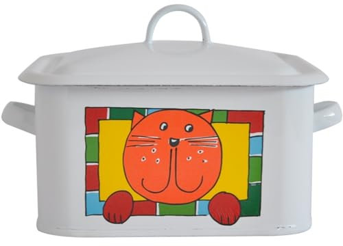 Bread Container Breadbox For Kitchen Retro Country Style Cat And Dog Pattern Bread Bin, Table Top Enamel Craft Metal Cake Storage Box, Housewarming Gift (Color : White B, Size : 1.3L)