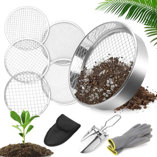CHRI 5 in1 Gartensieb aus Edelstahl, Kompostsieb Erdsieb 20 cm mit 5 Austauschbare Siebeinsätze Ø 3,6,9,10,12 mm Gartensieb Erde Durchwurfsieb für Erde, Kompost, Saatgut