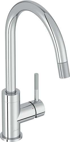 Jacob Delafon Mitigeur Évier de Cuisine Edgar, Bec Haut, Douchette, Chrome | Bec 26cm pivotant. Débit 7 L/min. Ouverture eau froide. Cartouche céramique