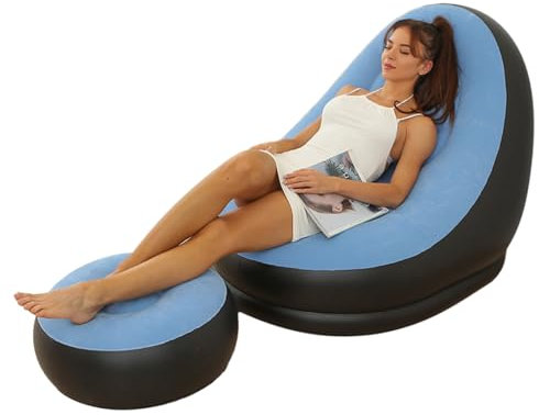 Leapiture Aufblasbarer Stuhl, faltbar, beflocktes PVC, bequem mit Fußhocker, Lounge-Sessel für Outdoor-Camping-Reisen (Hellblau)