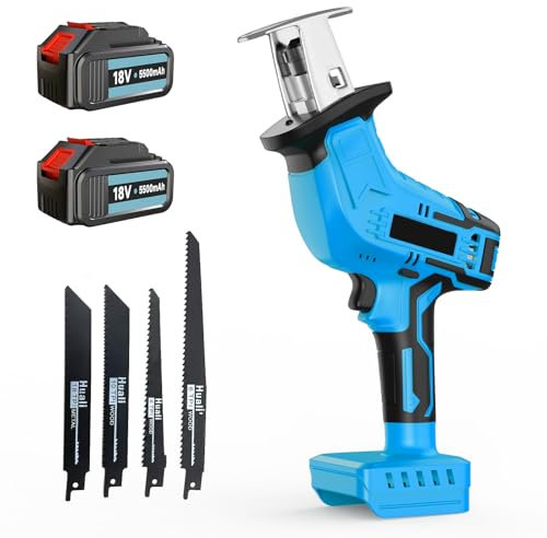 Säbelsäge Akku mit 2x 3,0Ah Akkus, 15mm Hubhöhe, 3500RPM Reciprosäge Fuchsschwanz Säge Elektrisch Tigersäge für Metall Holz PVC, mit 4 Sägeblätter