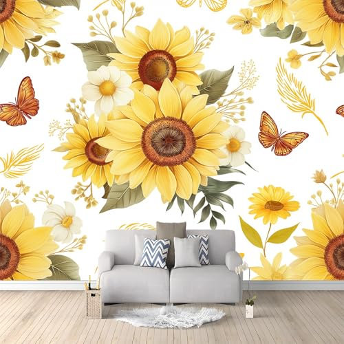 Fototapete 300 x 210 cm Benutzerdefinierte Größe Wandbilder Pflanzen Sonnenblumen Schmetterling Vliestapete Wandkunst Wandposter Schlafzimmer Wohnzimmer Büro Flur Restaurant Cafe Dekoration Gelb Weiß