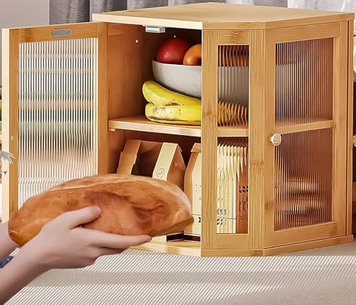Corner Bread Box for Kitchen Countertop - Airtight Design Extra Large Double Layer Boxes, Vintage Storage Homemade Bread, Under Cabinet Organizer Counter, Bamboo Wood Capacity Bin,Natural BreadBox