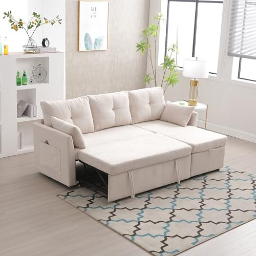 Dolamaní 3er-Sofa L Form with Storage Seats, Schlafsofa Sectional Couch mit Schlaffunktion und Bettkasten (Beige, Chenille)