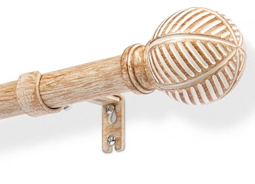 DEFYNEE Gardinenstange in Holzoptik, 76–198 cm, 25 mm Durchmesser, Braun | Gardinenstange aus Holz, 15 kg Traglast, Boho-Gardinenstange, robuste Gardinenstange, Wand-/Deckenmontage