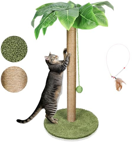 Pawchop Tall Cat Scratching Post, 85cm Scratching Post with 11 Durable Plastic Leaves, Claw Scratcher Sisal Rope and Sturdy Bottom Flower Plate, Tall Indoor Claw Scratcher for Kittens and Cats