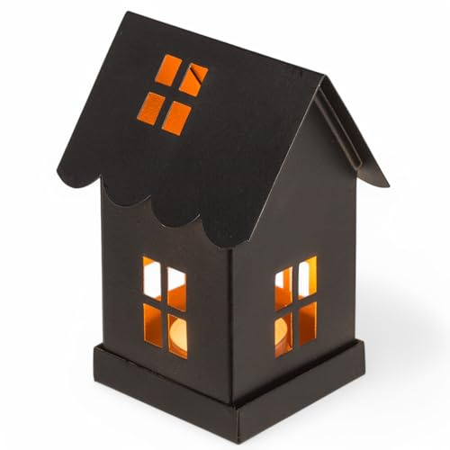 MIJOMA Metall-Deko-Haus Schwarz – Stilvolle Windlicht-Häuser für Teelichter – Moderne Kerzenhalter aus Metall für gemütliche Atmosphäre (7 x 7 x 12 cm)