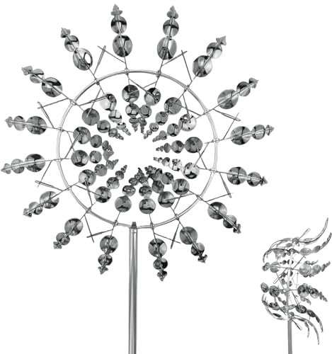 YushengTai Magico mulino a vento in metallo, scultura cinetica a vento 3D, in metallo, per giardino, terrazza, prato, cortile (argento)