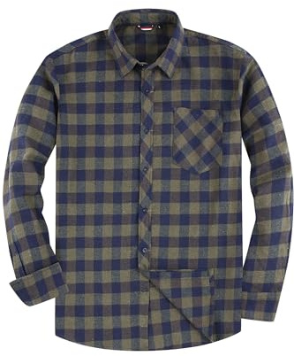 JupiterSecret Camicia in flanella da uomo, a maniche lunghe, a quadretti, vestibilità normale, con colletto a bottone, tasca sul petto, blu-verde, L