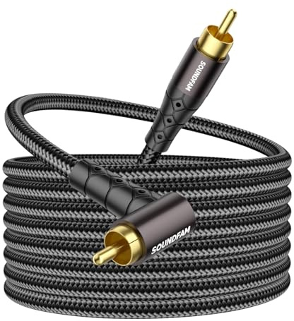 SOUNDFAM 90 graders RCA-kabel 5 M, rak vinklad subwooferkabel [24 k guldpläterad, bomullsfläta] för subwoofer, DVD, förstärkare, hemmabio (svart)
