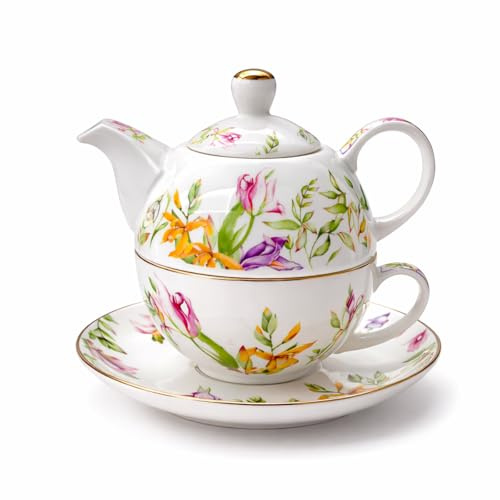 AHKALVTE Porcelain Tea for One Set Beautiful Flower Ceramic Teapot with Cup Gifted Box (Tulip)