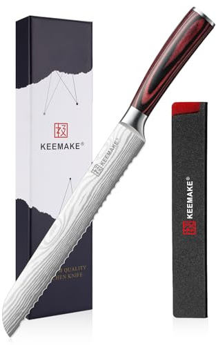 KEEMAKE 8 Inch Serrated Bread Knife for Homemade Bread | Sharp High Carbon Stainless Steel Bread Knife for Breads, Sourdough, Bagels and Cakes, Ergonomic Pakkawood Handle Sheath