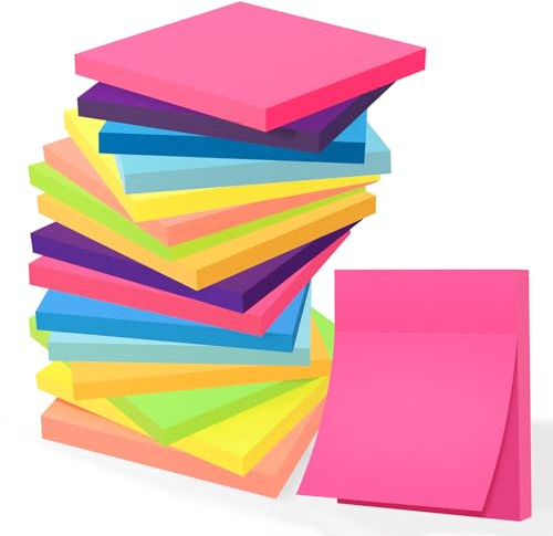 Mexgcom 16 Blöcke Haftnotizen, 76 x 76 mm Selbstklebende Klebezettel, 55 Blätter/Pad, Leicht zu Beschreiben, Sticky Notes für Schule, Büro, Zuhause (Bunt)