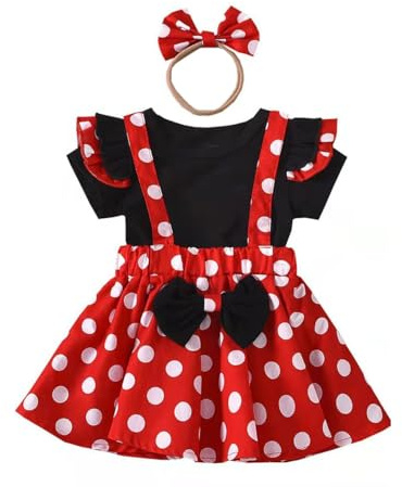 HEOXIN Ropa Bebé Recién Nacido, Conjunto de Top Manga Corta con Volantes + Falda con Tirantes de Lunares Blancos + Diadema, Conjuntos para Bebe Niñas Pequeñas el Verano, Rojo 2-3 Años