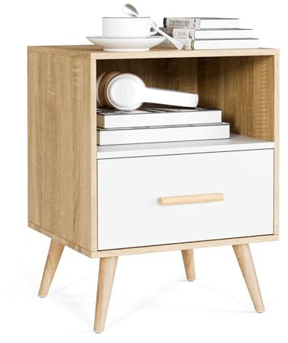 Mondeer Nachttisch Beistelltisch, 1 Schublade 1 Offenem Fach, 40x35x51 cm | Weiß und Eiche Massivholz, moderne Optik. Stauraum für Bücher & Kleinteile. Ideal für Schlafzimmer und Wohnzimmer.